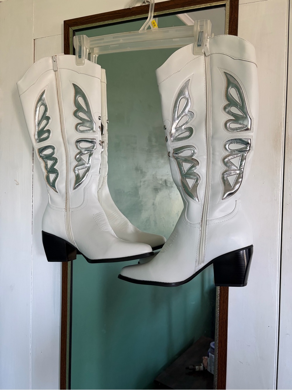 Dream Pairs White Knee-High Western Boots with Silver Accents
